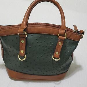 Elegant Boho Dark Faux Green Ostrich & Brown Leather Top Handle Mini Handbag
